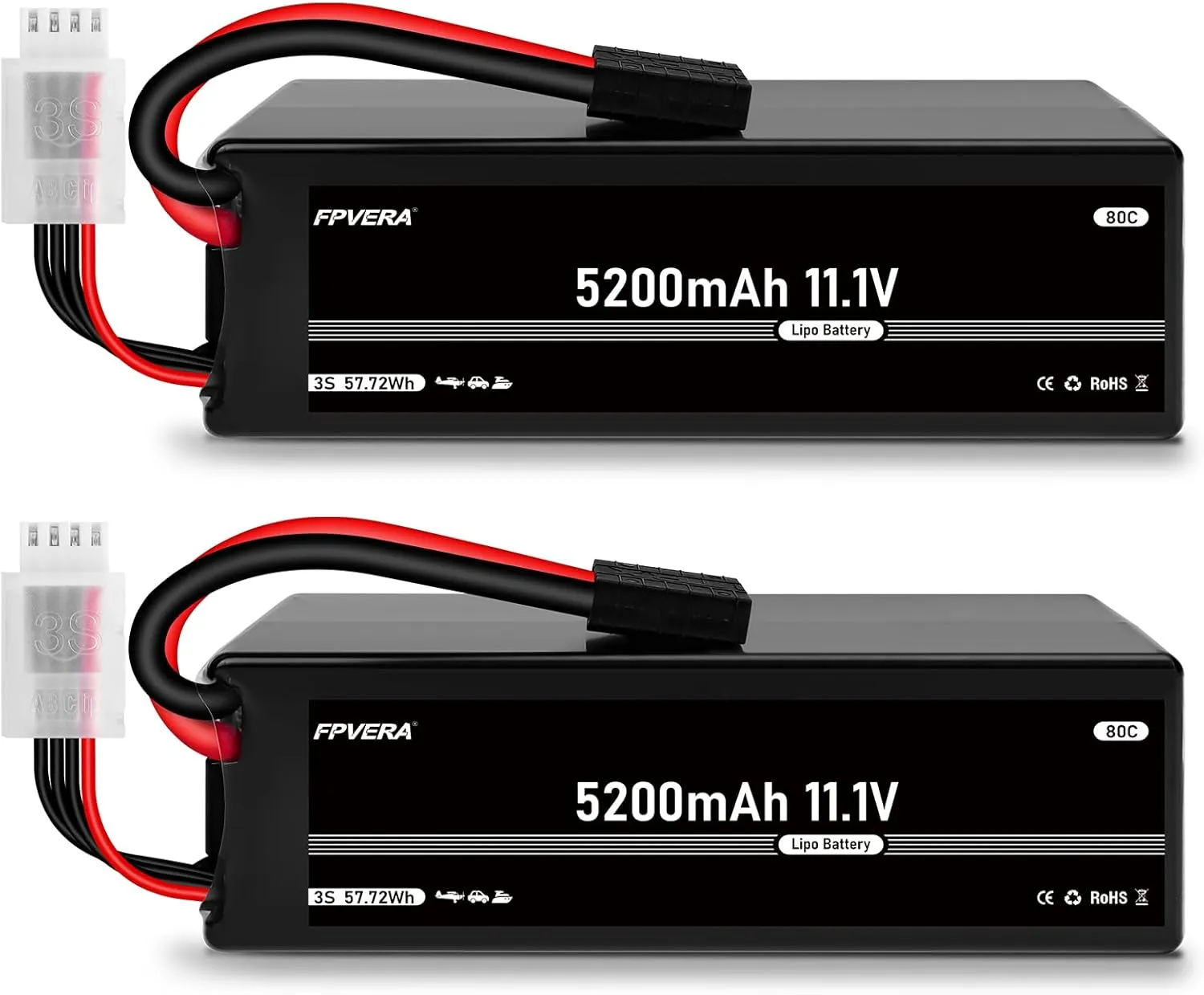 FPVERA 11.1V 3S LiPo Battery 5200mAh 80C with TR Plug for RC Car RC Truck Airplane Helicopter Boat Racing Car(2 Packs)