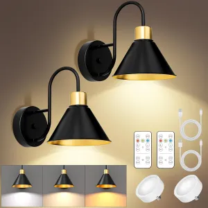 Frideko Black Rechargeable Wall Sconces Set of Two with Remote, 3 Color Dimmable Battery Operated Wall Light, Indoor Battery Powered Wall Lamp with Timer, Wireless Sconce Wall Lighting for Living Room