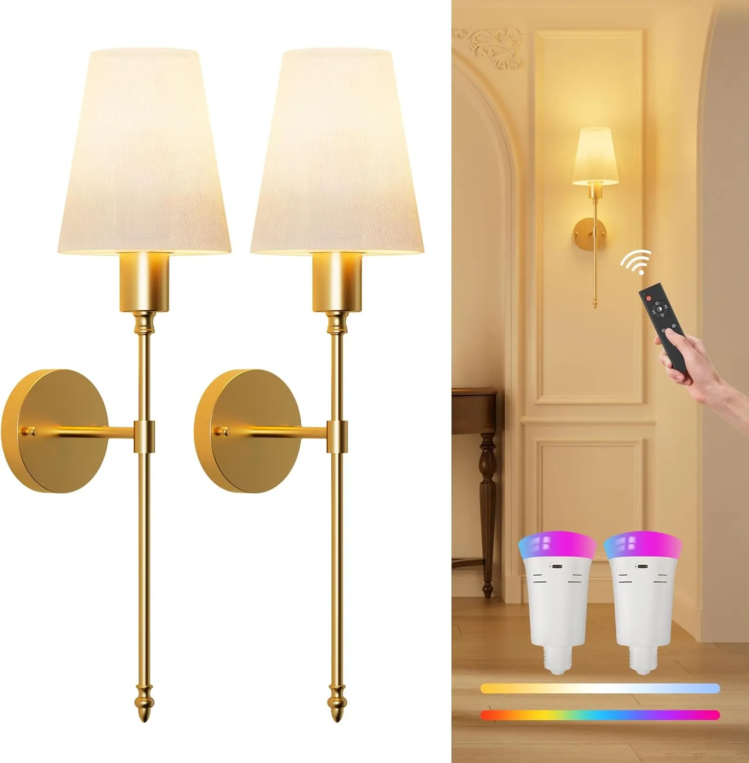FULEN Wall Sconces Battery Operated Set of 2, 18 Colors Wireless Wall Lights with Remote LED Indoor Wall Sconce Dimmable Detachable Bulbs,10000mAh Rechargeable Battery Powered Wall Lamps for Bedroom
