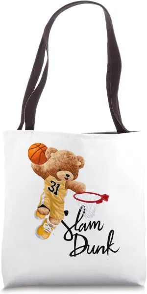 Funny Teddy Bear Slam Dunk, Teddy Bear Basketball Tote Bag