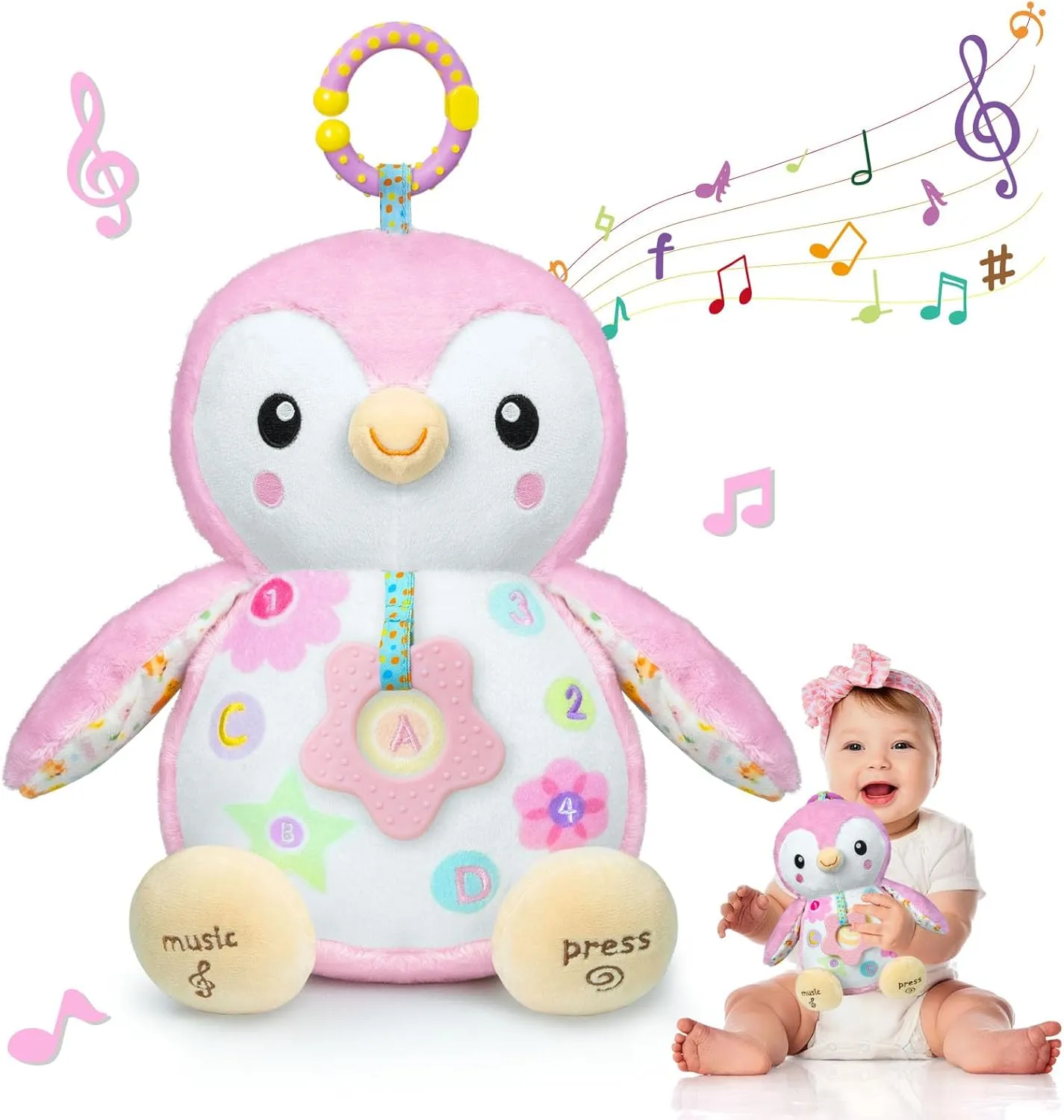 Fuzqq Baby Toys 0-6 Months,Musical Stuffed Animal Plush Toy,Textured Hanging Ring,Rattles & Crinkle Sound Paper,Tummy Time Toys for 0-6-12 Months Boy/Girls,Penguin