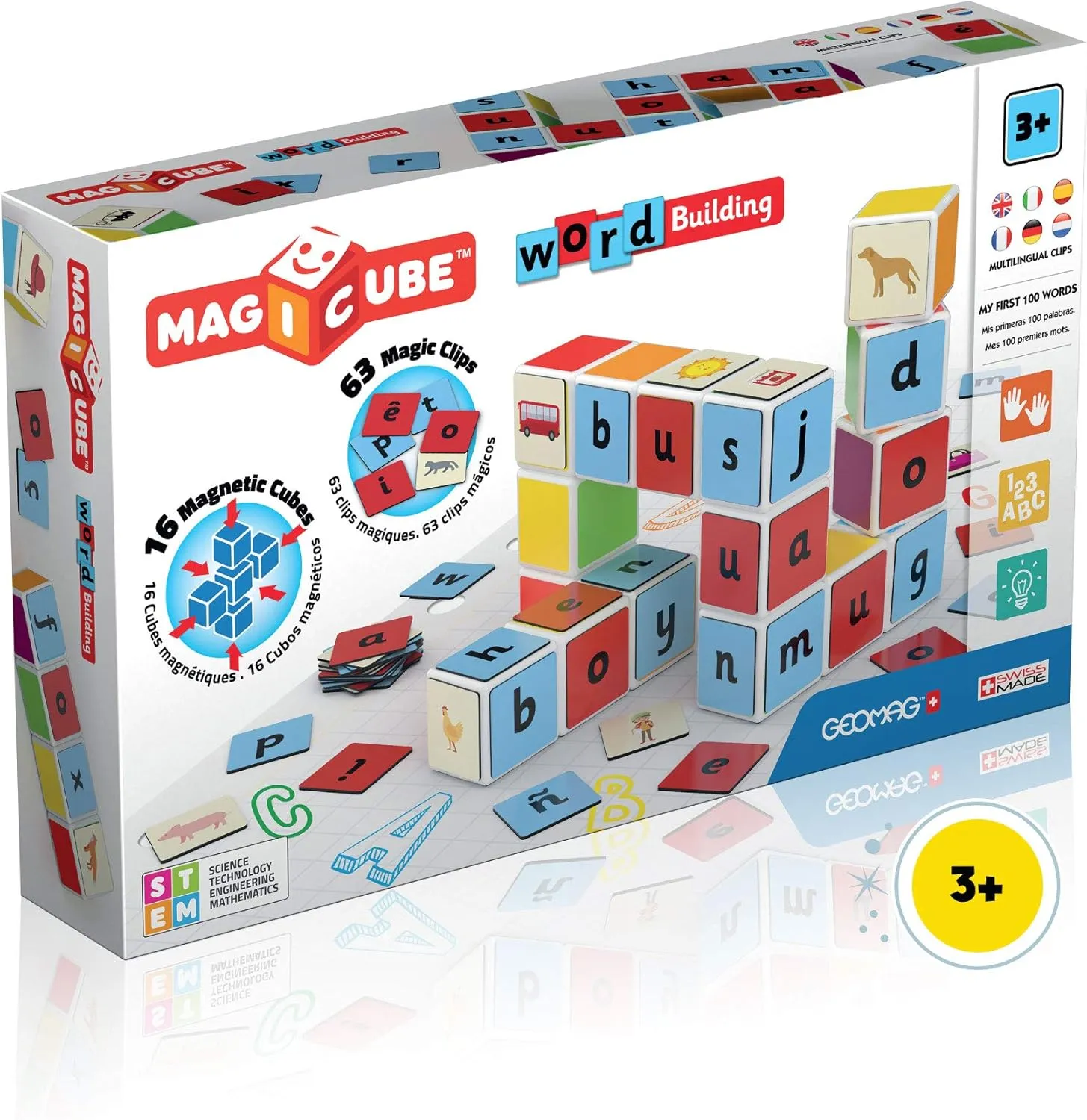 Geomag Magicube Word Building - 16 Cubes   63 Clips - Magnetic Building Set with Magnetic Cubes