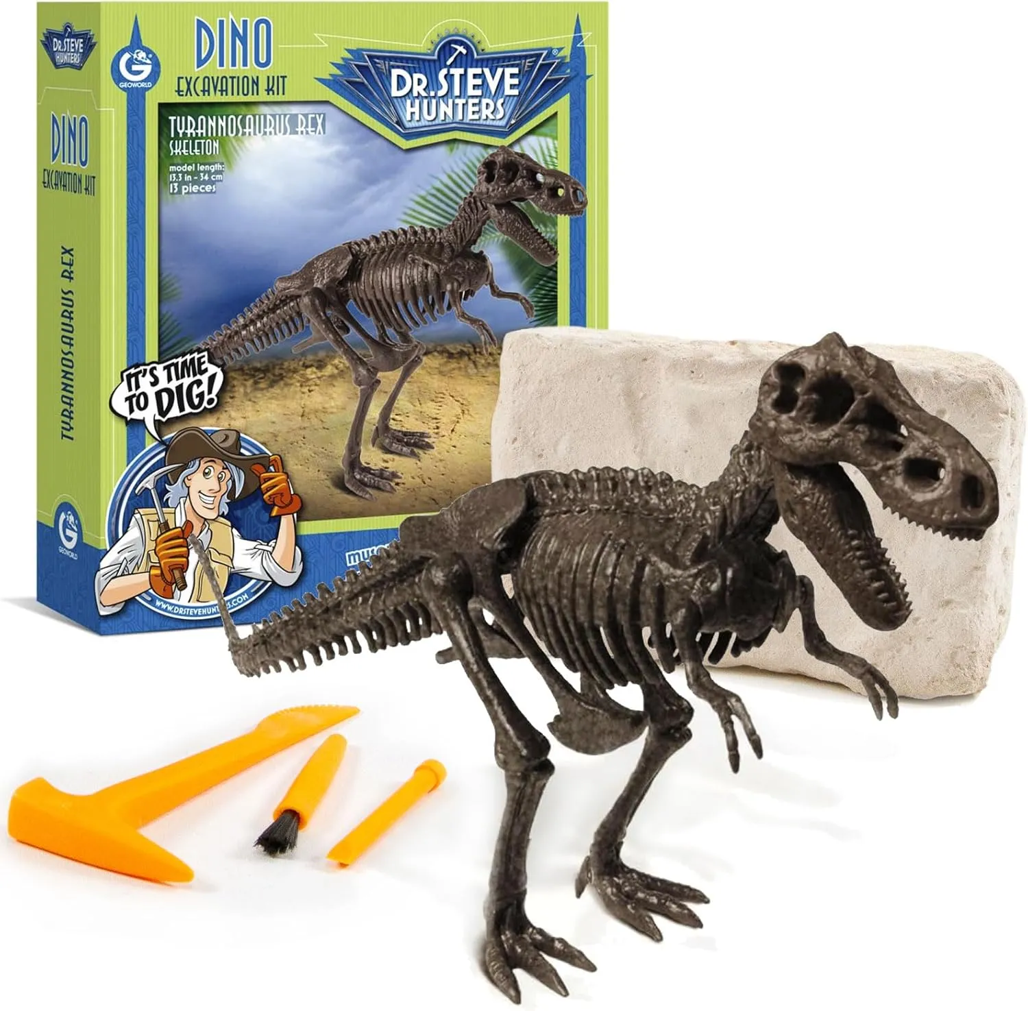 Geoworld T-Rex Dino Dig Kit – Excavate and Assemble a 13.5-inch Realistic Dinosaur Skeleton – Hands-on Paleontology Science Kit for Kids Ages 6 