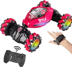 Gesture Sensing Deformation Remote Control car Stunt Twist car Manual Control Off-Road Vehicle Four-Wheel Drive Climbing boy Children's Toy (Rose red)