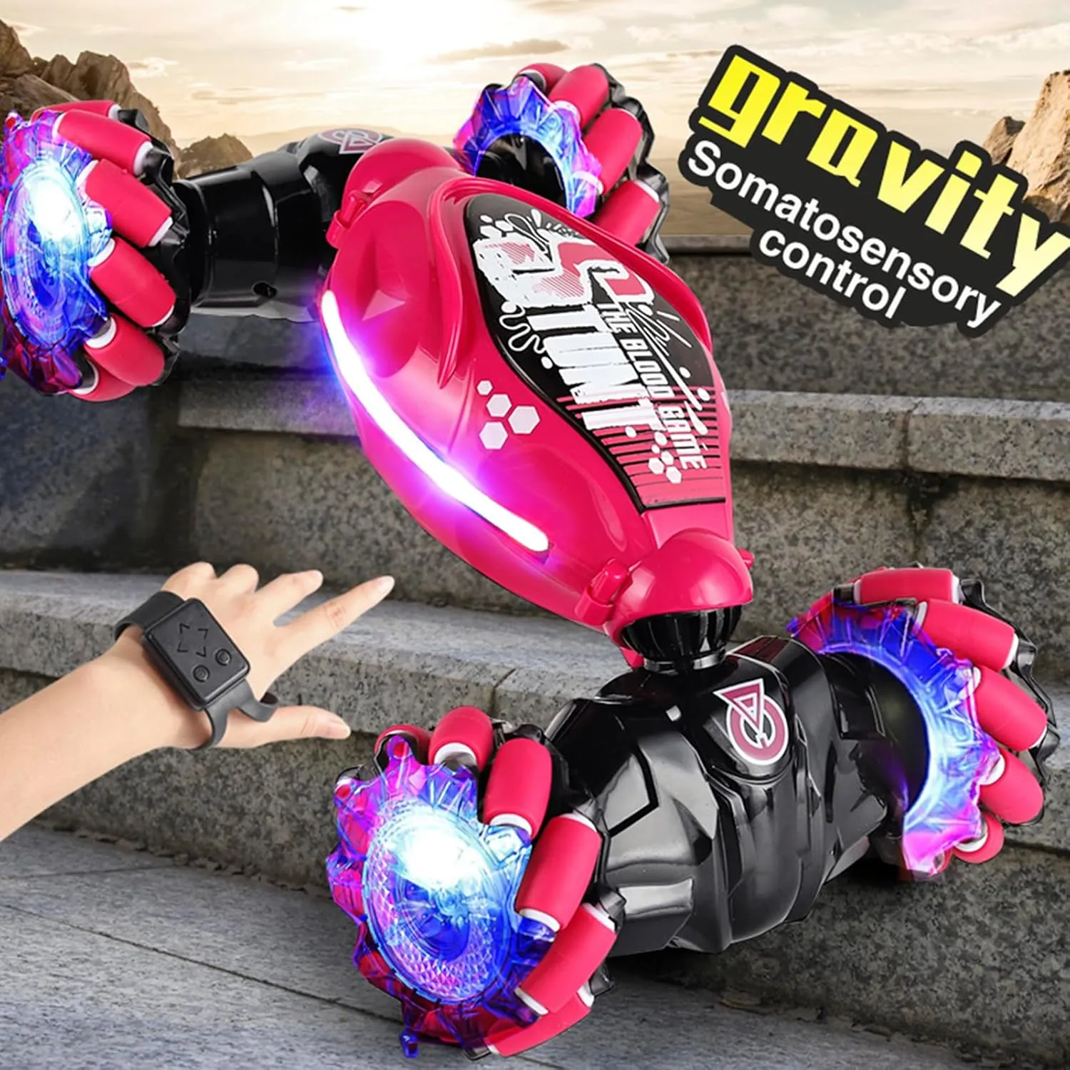 Gesture Sensing Deformation Remote Control car Stunt Twist car Manual Control Off-Road Vehicle Four-Wheel Drive Climbing boy Children's Toy (Rose red)