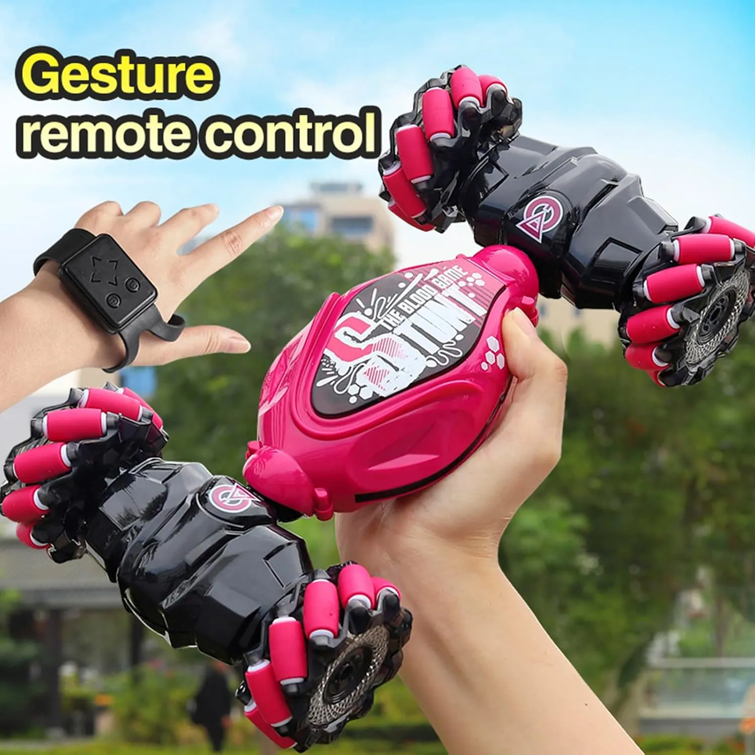 Gesture Sensing Deformation Remote Control car Stunt Twist car Manual Control Off-Road Vehicle Four-Wheel Drive Climbing boy Children's Toy (Rose red)