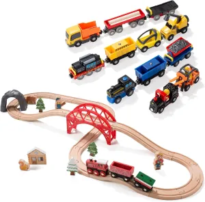 Giant bean 36PCS Forest Christmas Wooden Train Set for Toddler with 12PCS Mini Construction Car Train Set