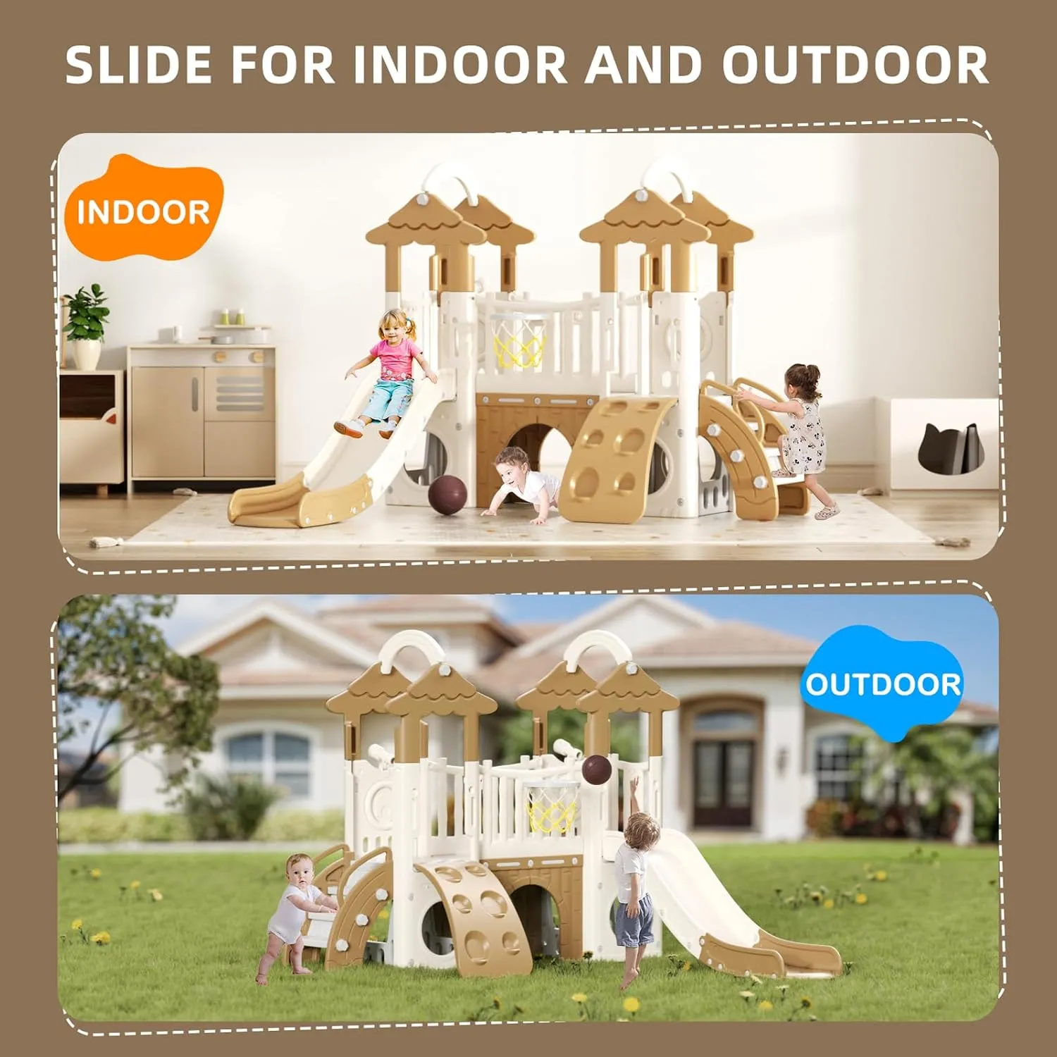 Glaf Toddler Slide 9 in 1 Jungle Slide Outdoor Playset for Toddlers Age 1  Kids Baby Indoor Playground for Backyards with Climbing Wall Grassroof Basketball Hoop Telescopes and Storage Space (Brown)