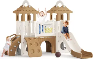 Glaf Toddler Slide 9 in 1 Jungle Slide Outdoor Playset for Toddlers Age 1  Kids Baby Indoor Playground for Backyards with Climbing Wall Grassroof Basketball Hoop Telescopes and Storage Space (Brown)