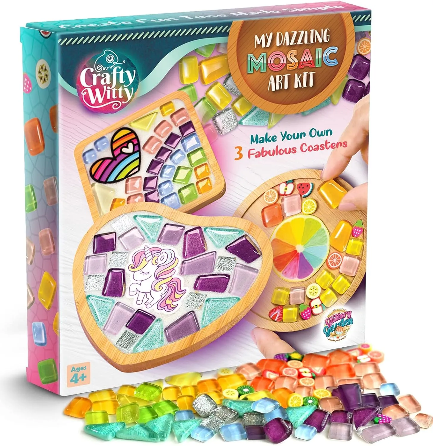Glittery Garden Mosaic Craft Kit - Decorate Your Own Unicorn and Rainbow Design Coaster with Glass Tiles. Birthday Gift, Fun DIY Art and Craft Supplies. Girls, Kids & Teens Activity Kit