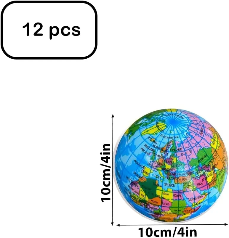 Globe Stress Balls 12Pack 4Inch Mini Foam World Map Squeeze Stress Balls Planet Earth Stress Relief Ball Party Favor Balls to Release Stress for Children Anxiety Relief (Globe, 4inch 12PCS)