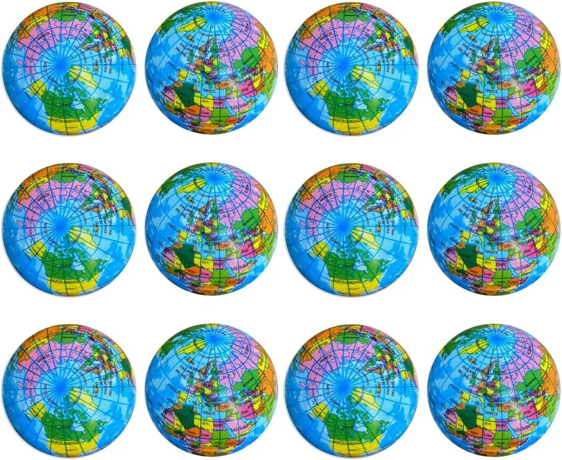 Globe Stress Balls 12Pack 4Inch Mini Foam World Map Squeeze Stress Balls Planet Earth Stress Relief Ball Party Favor Balls to Release Stress for Children Anxiety Relief (Globe, 4inch 12PCS)