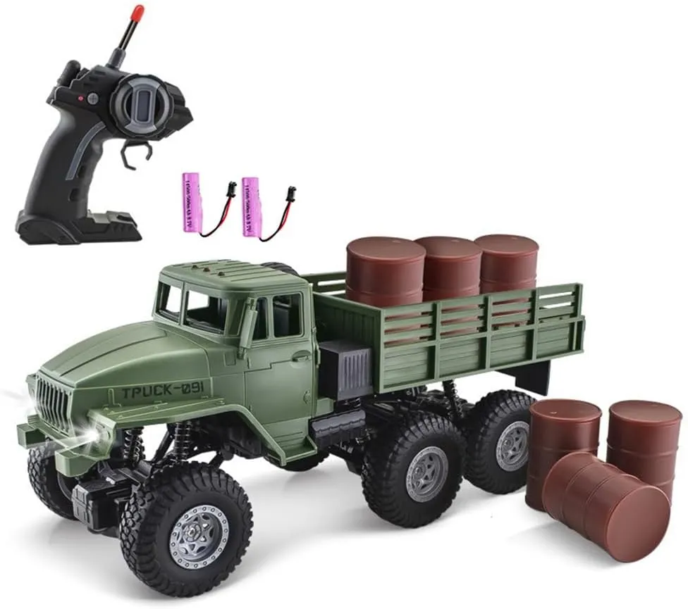 GoolRC RC Military Truck, 1:16 Scale 6WD Remote Control Car, Off-Road RC Crawler, RC Army Cars with LED Light and 2 Batteries, All Terrain RC Military Carrier Truck for Kids and Adults