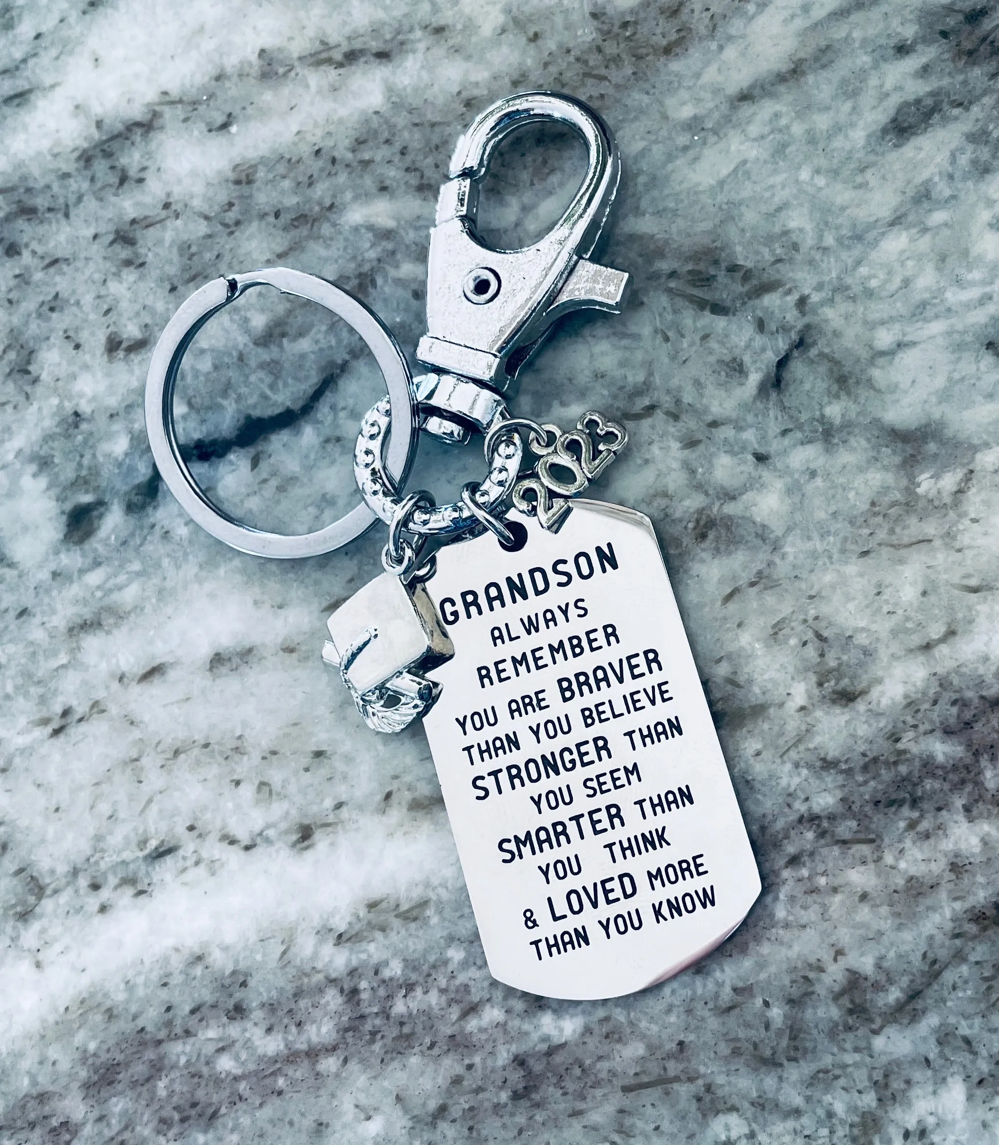 Grandson 2024 Graduation Gift Remember Stronger Smarter Loved Key FOB Silver Key Ring Inspirational Key Chain