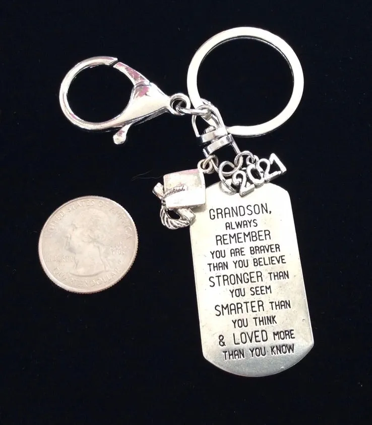 Grandson 2024 Graduation Gift Remember Stronger Smarter Loved Key FOB Silver Key Ring Inspirational Key Chain