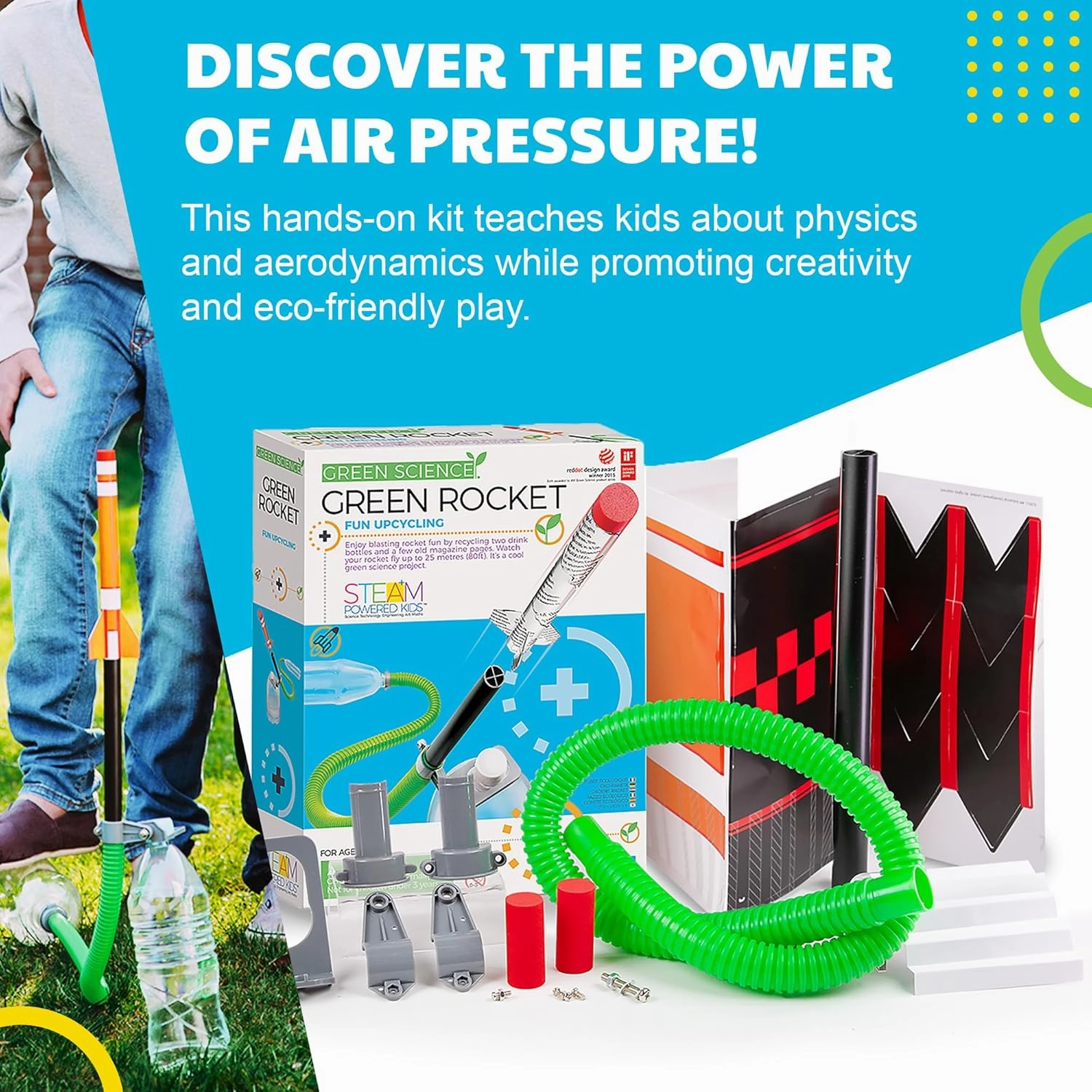 Green Science - Green Rocket - STEM Rocket Launcher for Kids - Build & Launch a Recycled Rocket with Air Pressure - Educational Toy for Young Scientists - Easy & Engaging Science Experiment
