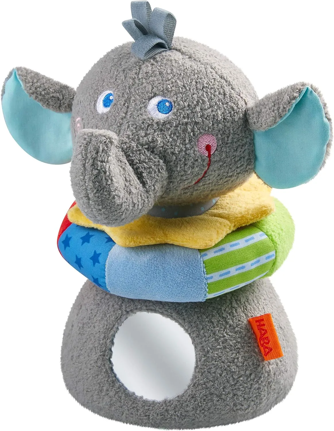 HABA 305086 Stackable Elephant Eric Cuddly Toy with Feeling and Play Effects Such as Mirror Foil and Grip Ring Toy from 10 Months