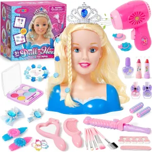 Hair Styling Doll Head Makeup for Girls Toys Kids Practice Pretend Play Beauty Set with Hairdryer Curling Iron Crown Brushes Comb Accessories Birthday Gifts for Girls 3 4 5 6  Years Old Christmas