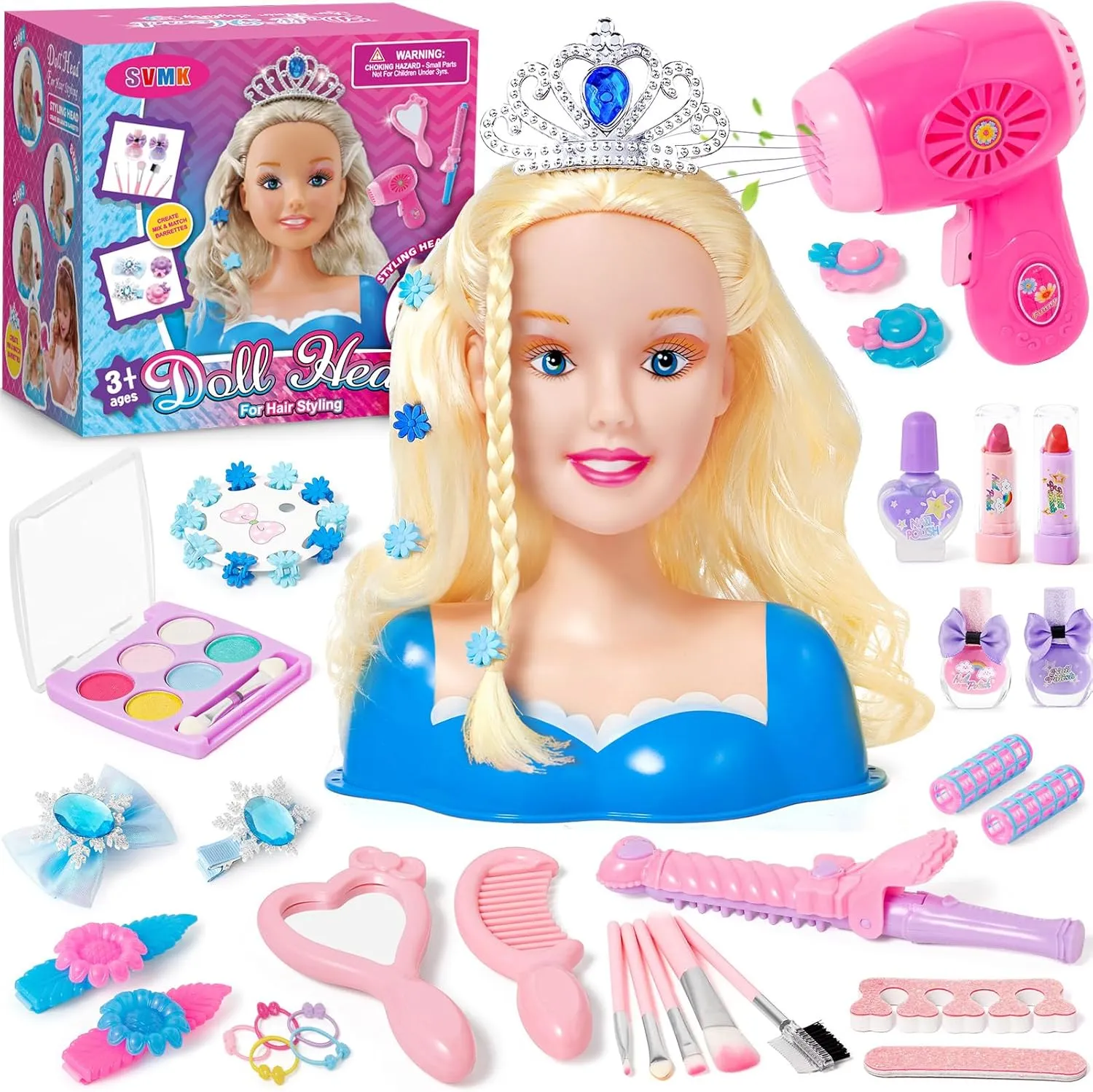 Hair Styling Doll Head Makeup for Girls Toys Kids Practice Pretend Play Beauty Set with Hairdryer Curling Iron Crown Brushes Comb Accessories Birthday Gifts for Girls 3 4 5 6  Years Old Christmas