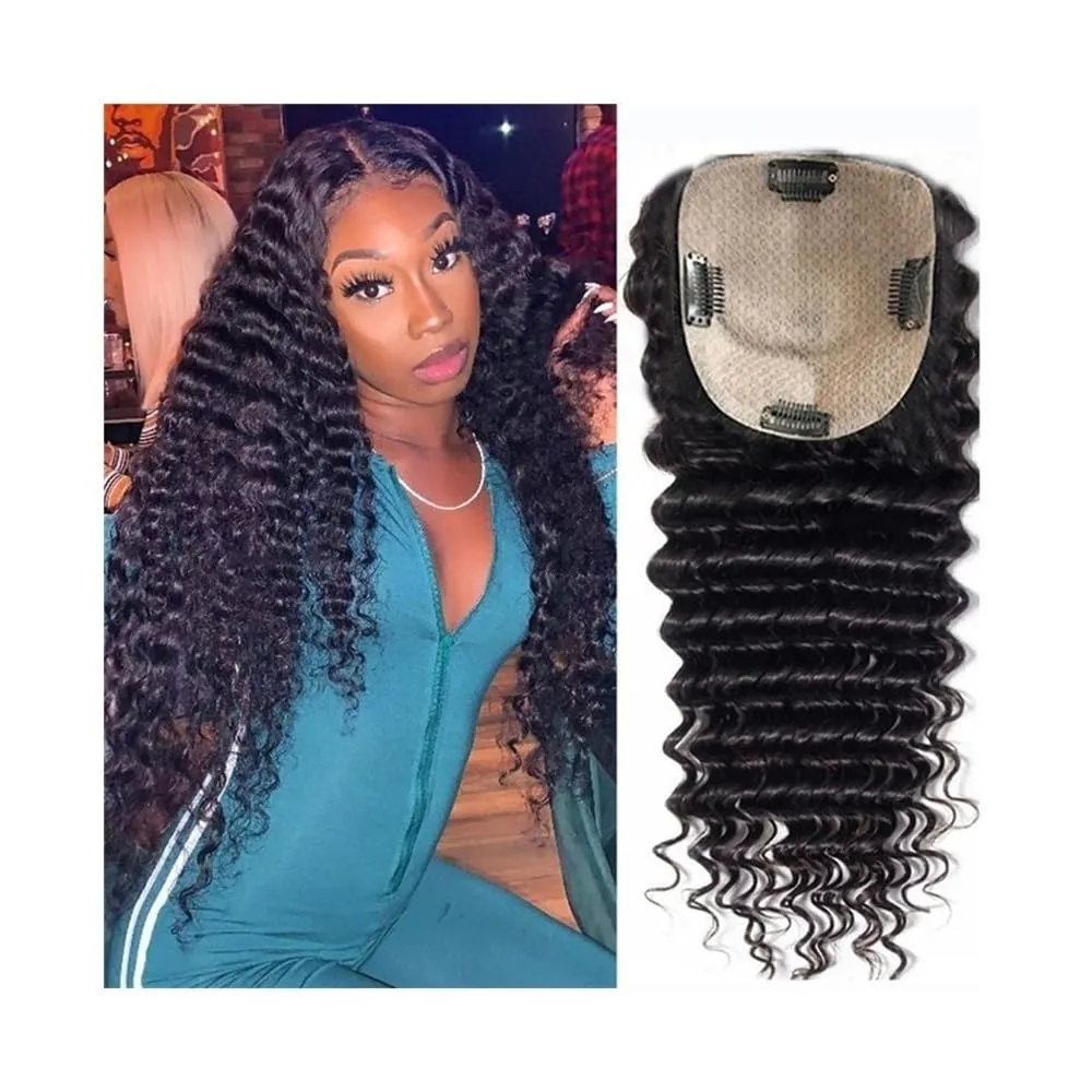 Hair Toppers for Women Curly Human Hair Toppers for Women Brazilian Remy Hair Pieces 8-22 Inch Deep Curly Hair Clip In Swiss Lace Base Hair Topper for Thicking Hair Hair Topper Clips(8 Inch)
