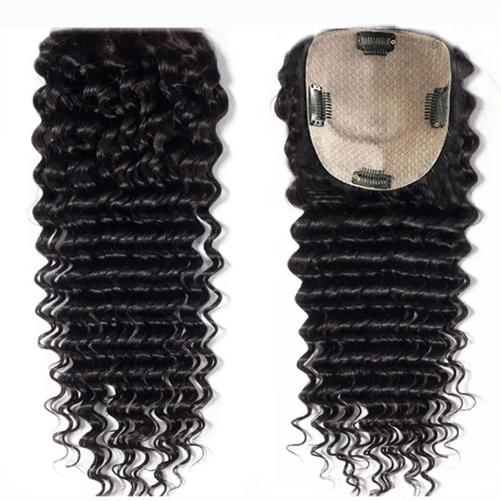 Hair Toppers for Women Curly Human Hair Toppers for Women Brazilian Remy Hair Pieces 8-22 Inch Deep Curly Hair Clip In Swiss Lace Base Hair Topper for Thicking Hair Hair Topper Clips(8 Inch)