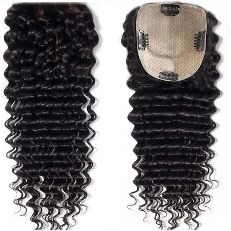 Hair Toppers for Women Curly Human Hair Toppers for Women Brazilian Remy Hair Pieces 8-22 Inch Deep Curly Hair Clip In Swiss Lace Base Hair Topper for Thicking Hair Hair Toppers with Bangs(8 Inch)