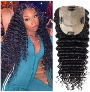 Hair Toppers for Women Curly Human Hair Toppers for Women Brazilian Remy Hair Pieces 8-22 Inch Deep Curly Hair Clip In Swiss Lace Base Hair Topper for Thicking Hair Hair Toppers with Bangs(8 Inch)