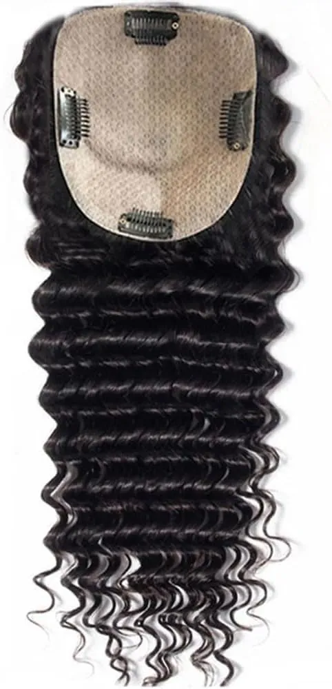 Hair Toppers for Women Curly Human Hair Toppers for Women Brazilian Remy Hair Pieces 8-22 Inch Deep Curly Hair Clip In Swiss Lace Base Hair Topper for Thicking Hair Hair Toppers with Bangs(8 Inch)