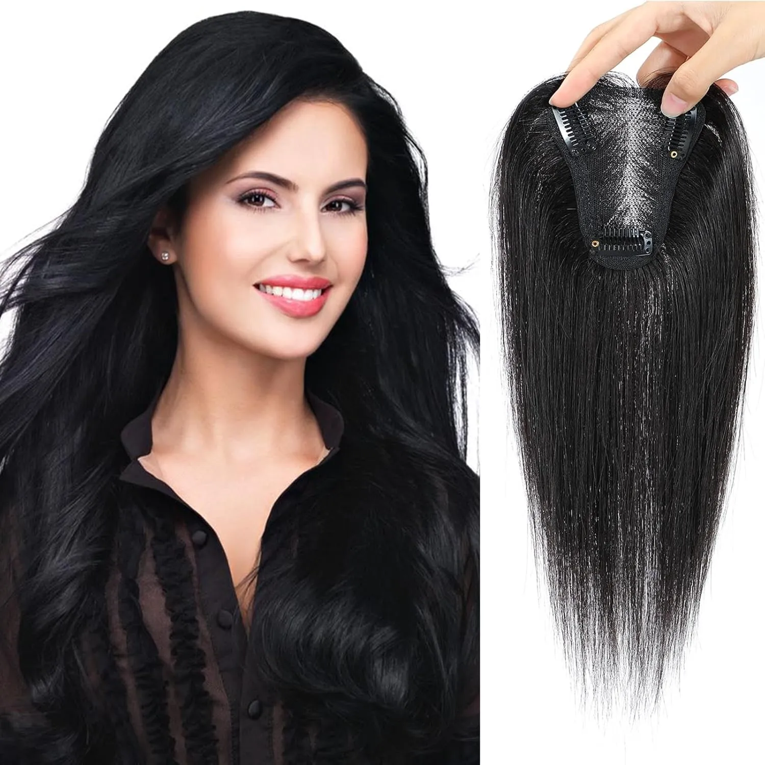 Hair Toppers forWomen Real Human HairToppers HairPieces for-Women with ThiningHair Handmade Upgrade Swiss Base 8 * 11CM Clip In Topperr Hairpieces Hair Toppers for-Women(Natural Black)