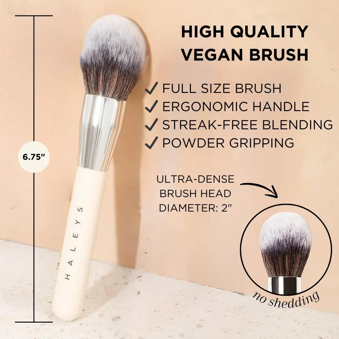 HALEYS Powder Brush VEGAN CRUELTY-FREE, Soft, Streak-free, Perfect Blending, Buff, Blurs, Smooths, Control, Precision, Complexion tools, For powder, setting powder, blush, Sustainable Wood Handle