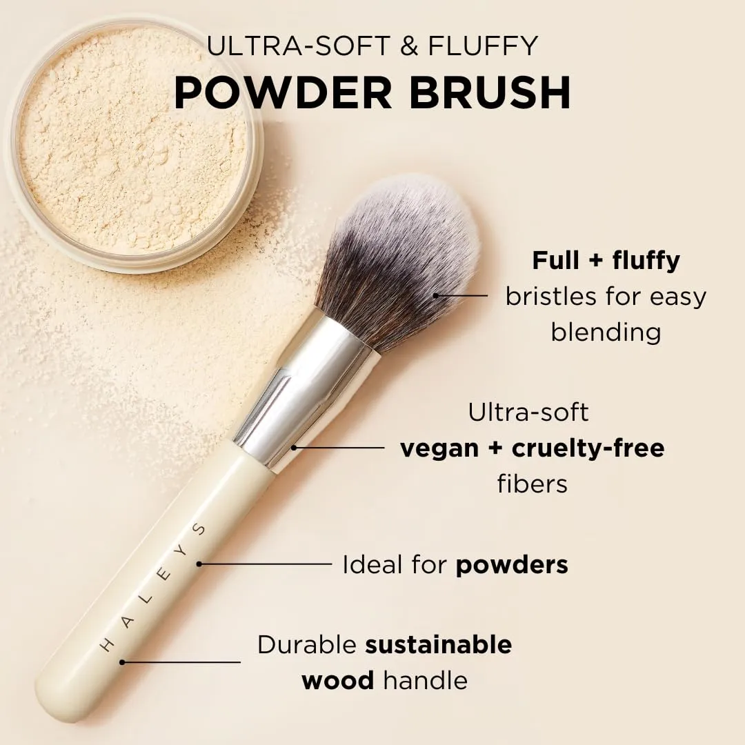 HALEYS Powder Brush VEGAN CRUELTY-FREE, Soft, Streak-free, Perfect Blending, Buff, Blurs, Smooths, Control, Precision, Complexion tools, For powder, setting powder, blush, Sustainable Wood Handle