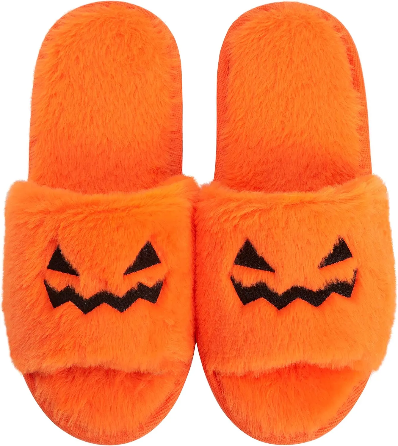 Halloween Slippers Pumpkin Slippers Women Cartoon Furry Face House Shoes Memory Foam Non-slip Rubber Sole Soft Slip Home Shoes Indoor and Outdoor Halloween Gifts for Girls Ladies