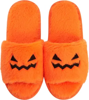 Halloween Slippers Pumpkin Slippers Women Cartoon Furry Face House Shoes Memory Foam Non-slip Rubber Sole Soft Slip Home Shoes Indoor and Outdoor Halloween Gifts for Girls Ladies