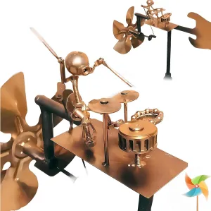 Handmade Metal Drummer Windmill - Percussionist Music Figurine Wind Spinner, Rockin' Art Kinetic Sculpture for Yard, Lawn & Patio Decor