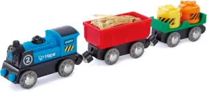 Hape Battery Powered Engine Set | Colorful Wooden Train Set, Battery Operated Locomotive with Working Lamp