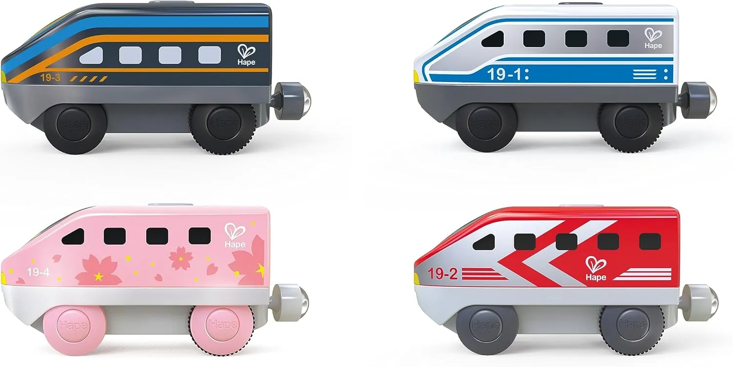 Hape: Intercity Battery Powered Locomotive Set - 4 Different Colored Toy Trains, Forward & Reverse Direction Switch, Magnetic Attaching, Kids Ages 3 