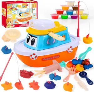 Happy Fishing Ship Play Color Dough Set for Kids Ages 3  Includes 8 Seafood Molds, 2 Fishing Rods, 7 Dough Tools, and 10 Vibrant Dough Colours