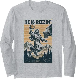 He Is Rizzin’ Funny Easter Basketball Dunk Vintage Retro Long Sleeve T-Shirt