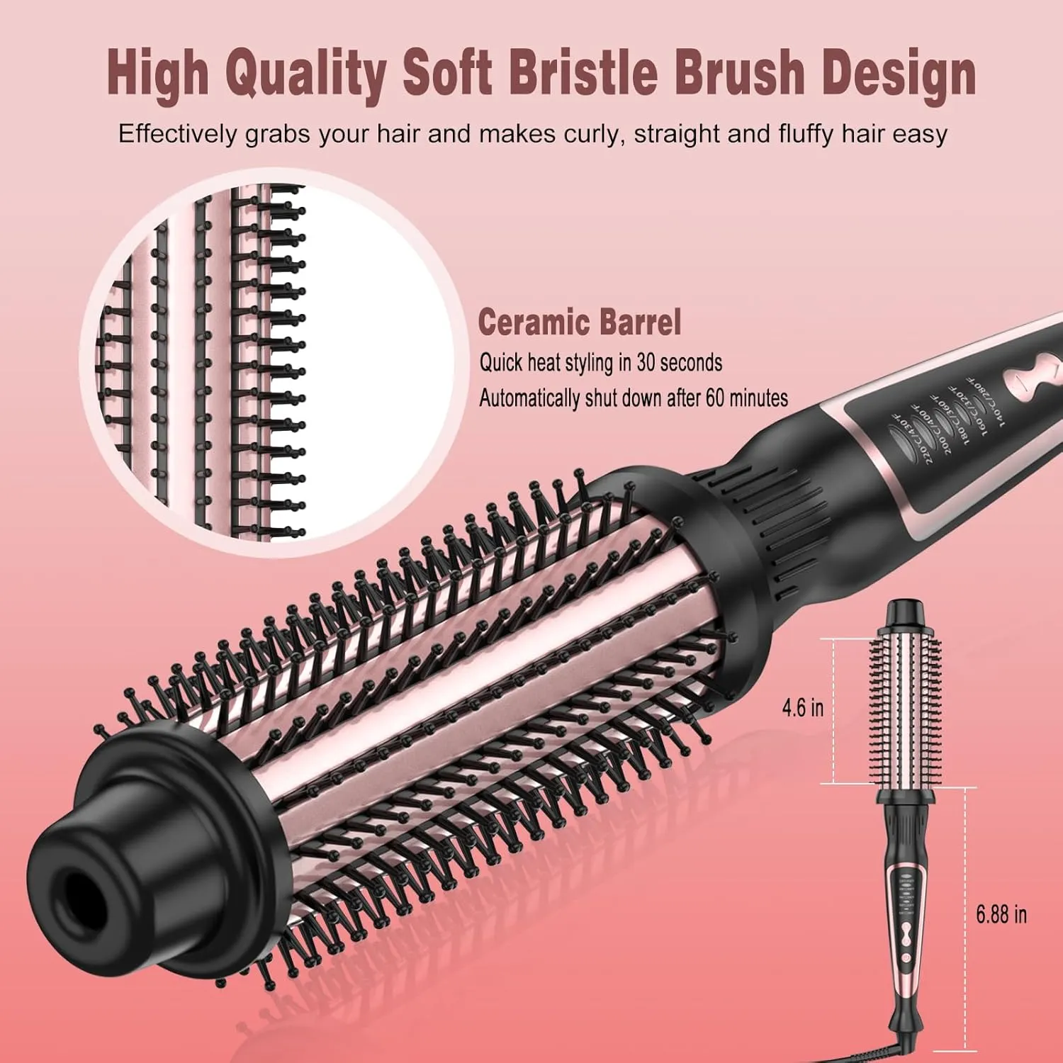 Heated Round Brush, Ceramic Tourmaline Ion Curling Iron, Hot for Fluffy Thermal Brush Curling Wand, Suitable for All Hair Types Tool (Rose Gold, 1.5 inch)