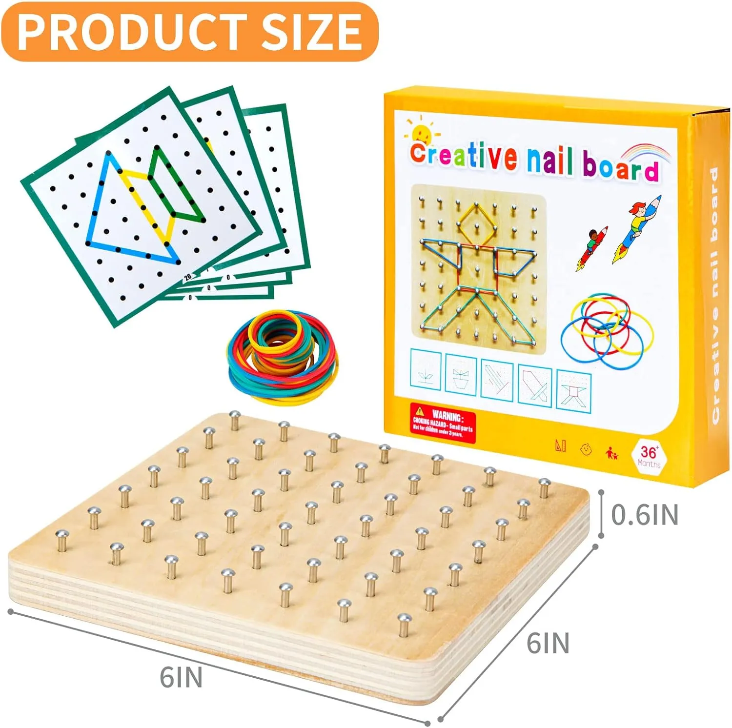 HEELWIRE Wooden Geoboard,Montessori Toy,Graphical Mathematical Education Toy for Kids with Pattern Cards and Rubber Bands to Figures and Shapes, Brain Teaser STEM Toy Geo Board (6 * 6 * 0.6 in)