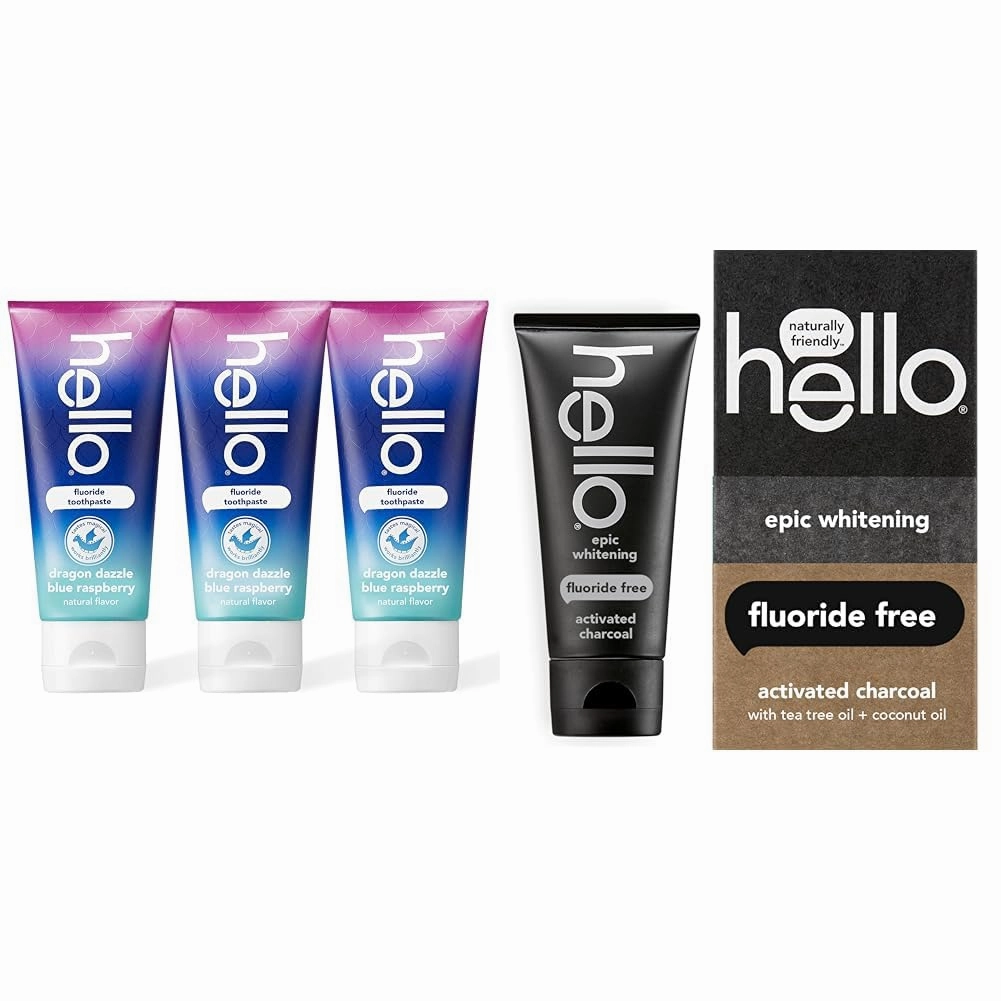 hello Dragon Dazzle Blue Raspberry Kids Toothpaste & Activated Charcoal Epic Whitening Fluoride Free Toothpaste, Fresh Mint   Coconut Oil, Vegan & SLS Free