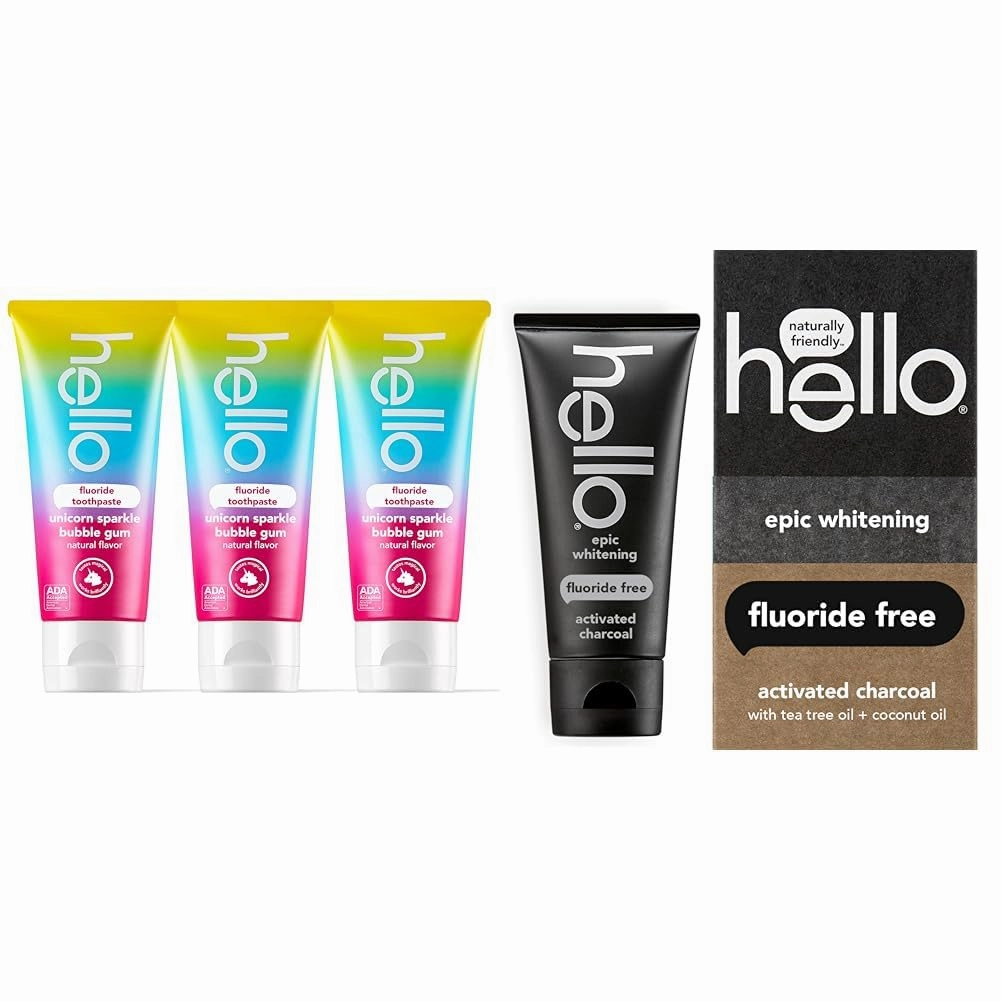 hello Unicorn Sparkle Kids Fluoride Toothpaste, Natural Bubble Gum Flavor, ADA Approved & Activated Charcoal Epic Whitening Fluoride Free Toothpaste, Fresh Mint   Coconut Oil
