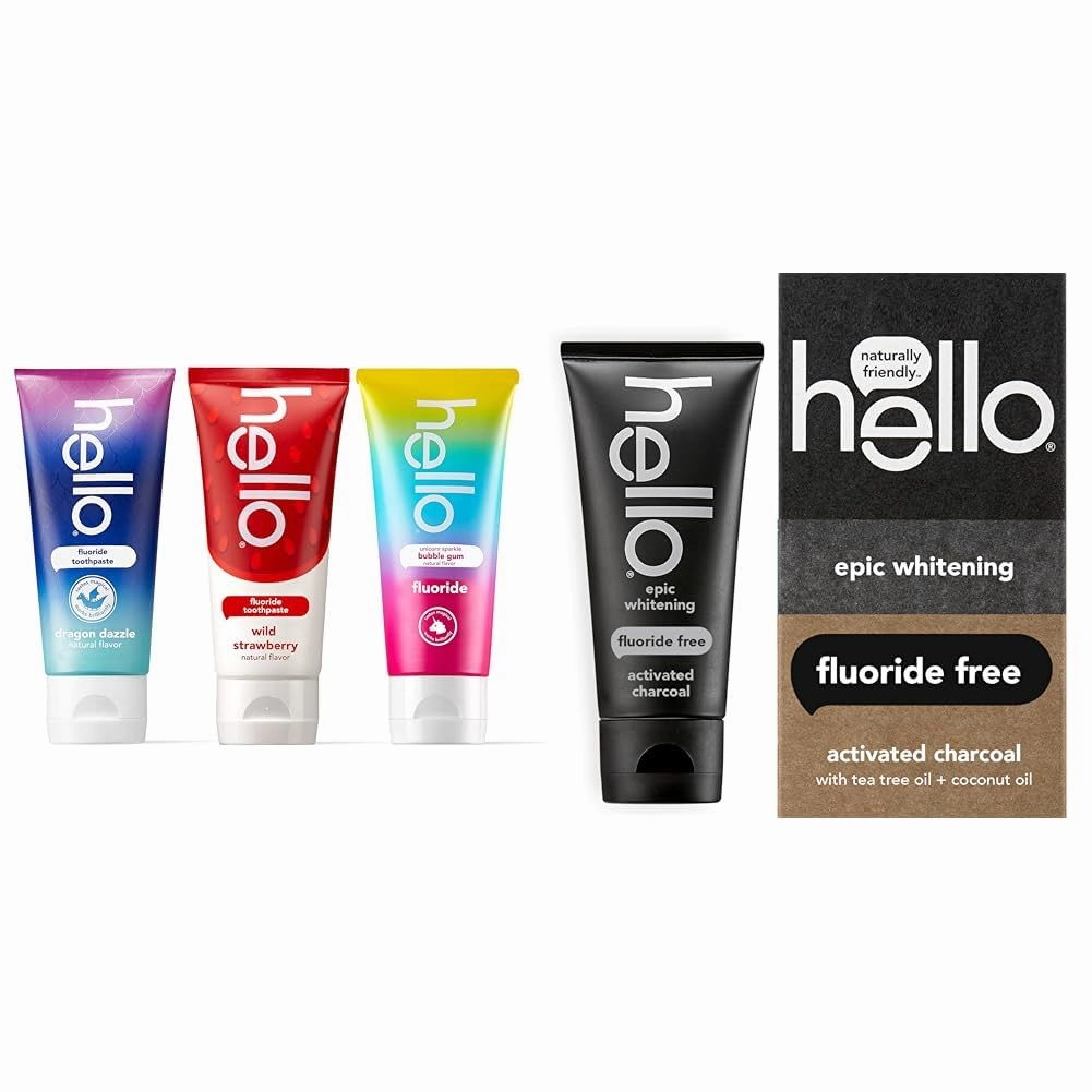 hello Variety (Unicorn, Strawberry, Dragon) Fluoride Kids Toothpaste, Anticavity, Natural Flavors & Activated Charcoal Epic Whitening Fluoride Free Toothpaste, Fresh Mint   Coconut Oil
