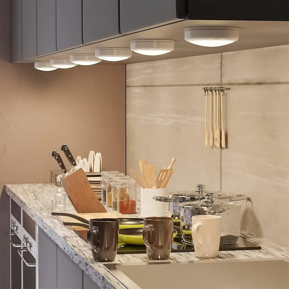 HELPLEX Puck Lights with Remote, Color Changing LED Stick on Lights Battery Powered Dimmable Under Cabinet Lights Wireless Under Counter Light RGBW Push Light, Timing & Memory Function, White, 6 Pack