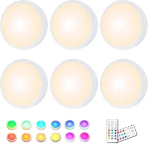 HELPLEX Puck Lights with Remote, Color Changing LED Stick on Lights Battery Powered Dimmable Under Cabinet Lights Wireless Under Counter Light RGBW Push Light, Timing & Memory Function, White, 6 Pack