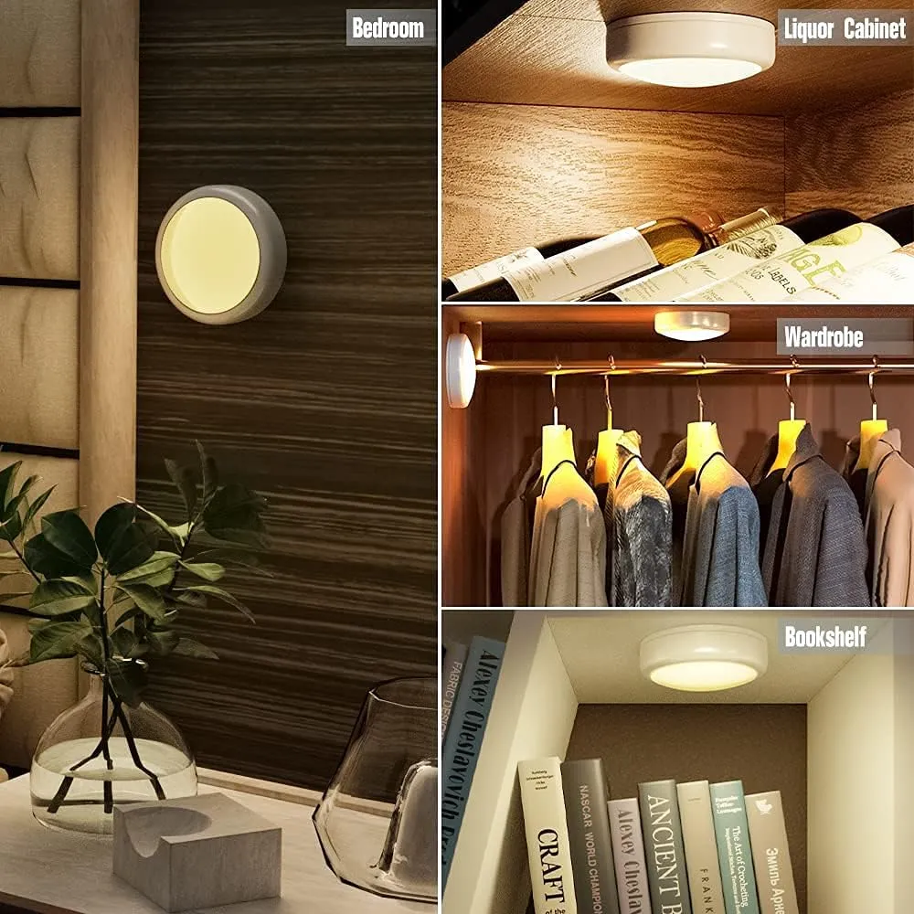 HELPLEX Puck Lights with Remote, Color Changing LED Stick on Lights Battery Powered Dimmable Under Cabinet Lights Wireless Under Counter Light RGBW Push Light, Timing & Memory Function, White, 6 Pack