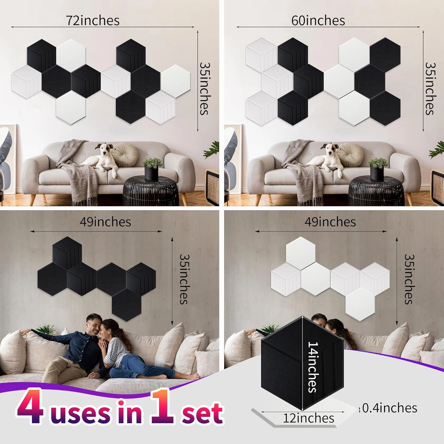 Hexagon Acoustic Panels, Carved Patterns, Soundproofing, Decorative Noise Reduction Felt Wall Tiles for Ceilings, Home Office & Gaming Room (Black and White), 14x12x0.4 Inch