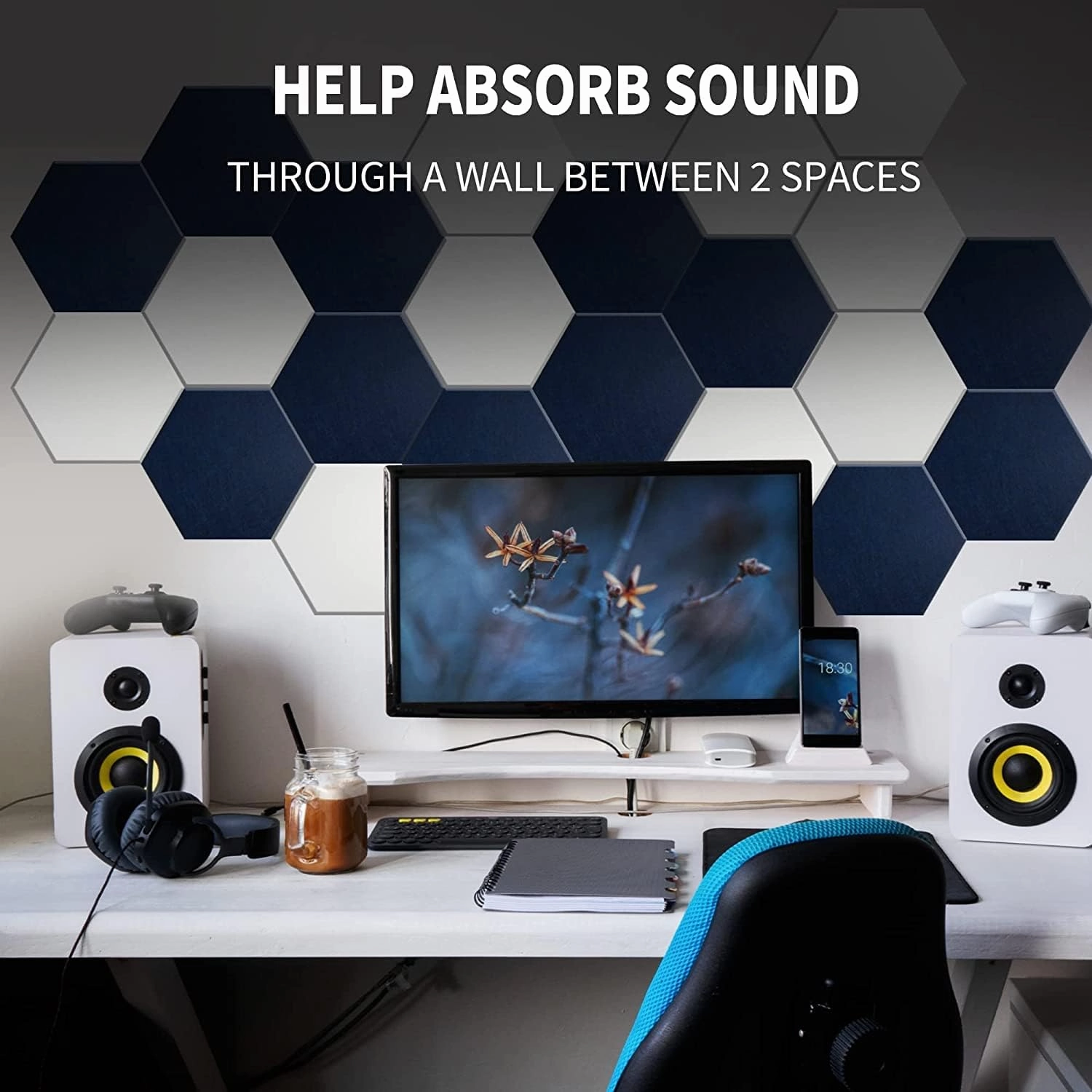 Hexagon Acoustic Panels, Carved Patterns, Soundproofing, Decorative Noise Reduction Felt Wall Tiles for Ceilings, Home Office & Gaming Room (Black and White), 14x12x0.4 Inch