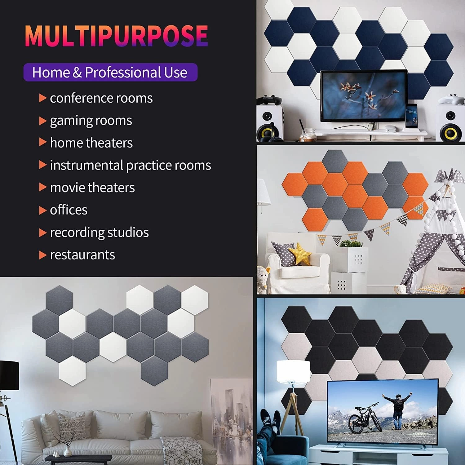 Hexagon Acoustic Panels, Carved Patterns, Soundproofing, Decorative Noise Reduction Felt Wall Tiles for Ceilings, Home Office & Gaming Room (Black and White), 14x12x0.4 Inch