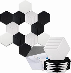 Hexagon Acoustic Panels, Carved Patterns, Soundproofing, Decorative Noise Reduction Felt Wall Tiles for Ceilings, Home Office & Gaming Room (Black and White), 14x12x0.4 Inch